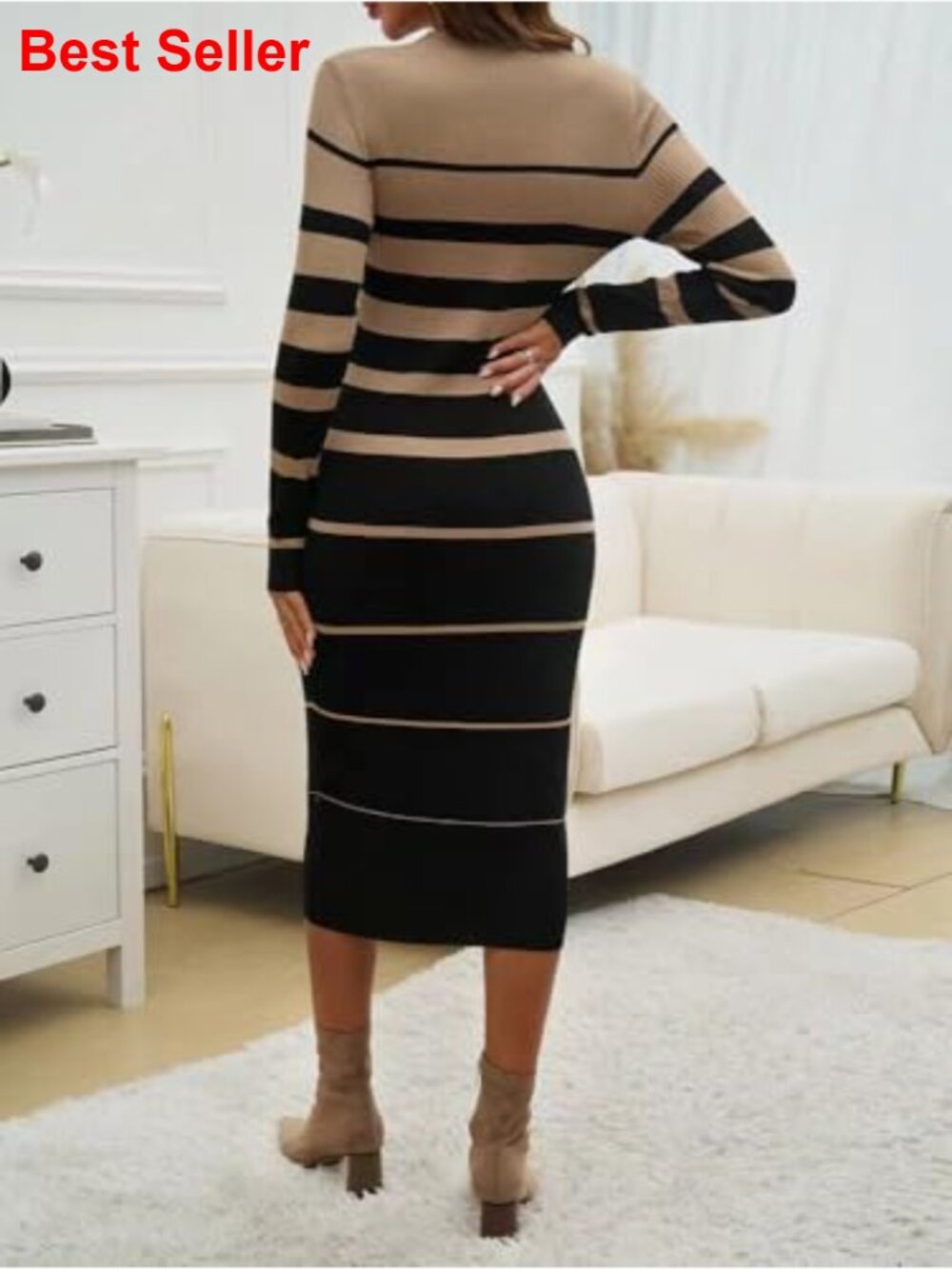 Long Sleeve Crew Neck Bodycon Midi Ribbed Knit Slim Fit Sweater Dress - Picture 4 of 6